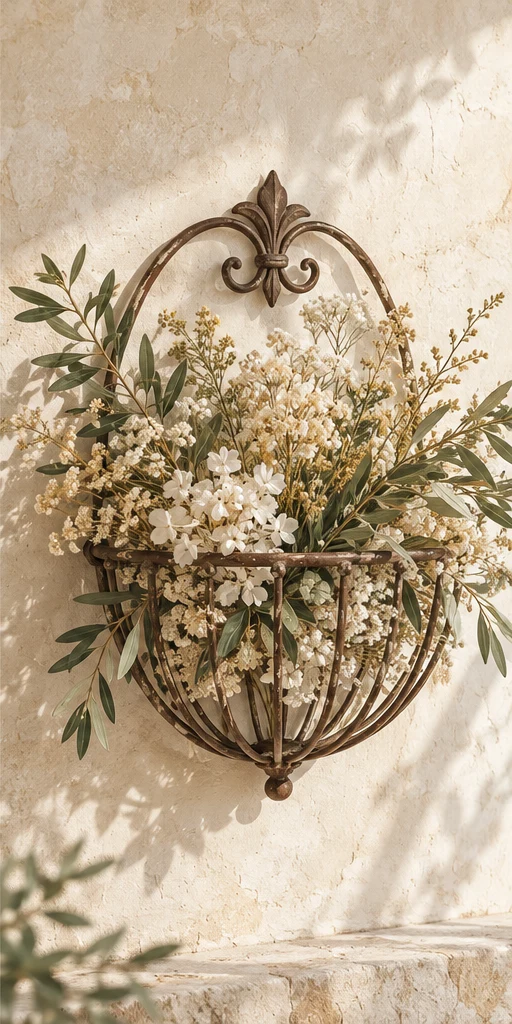 Provence Market iron wall basket styled with flowers