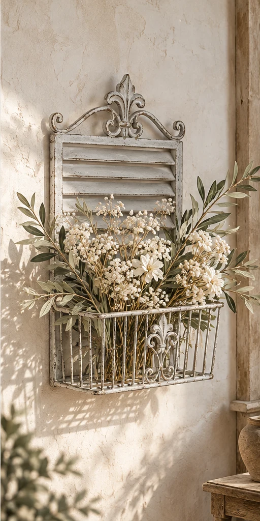 Maison Shutters iron wall basket styled with flowers